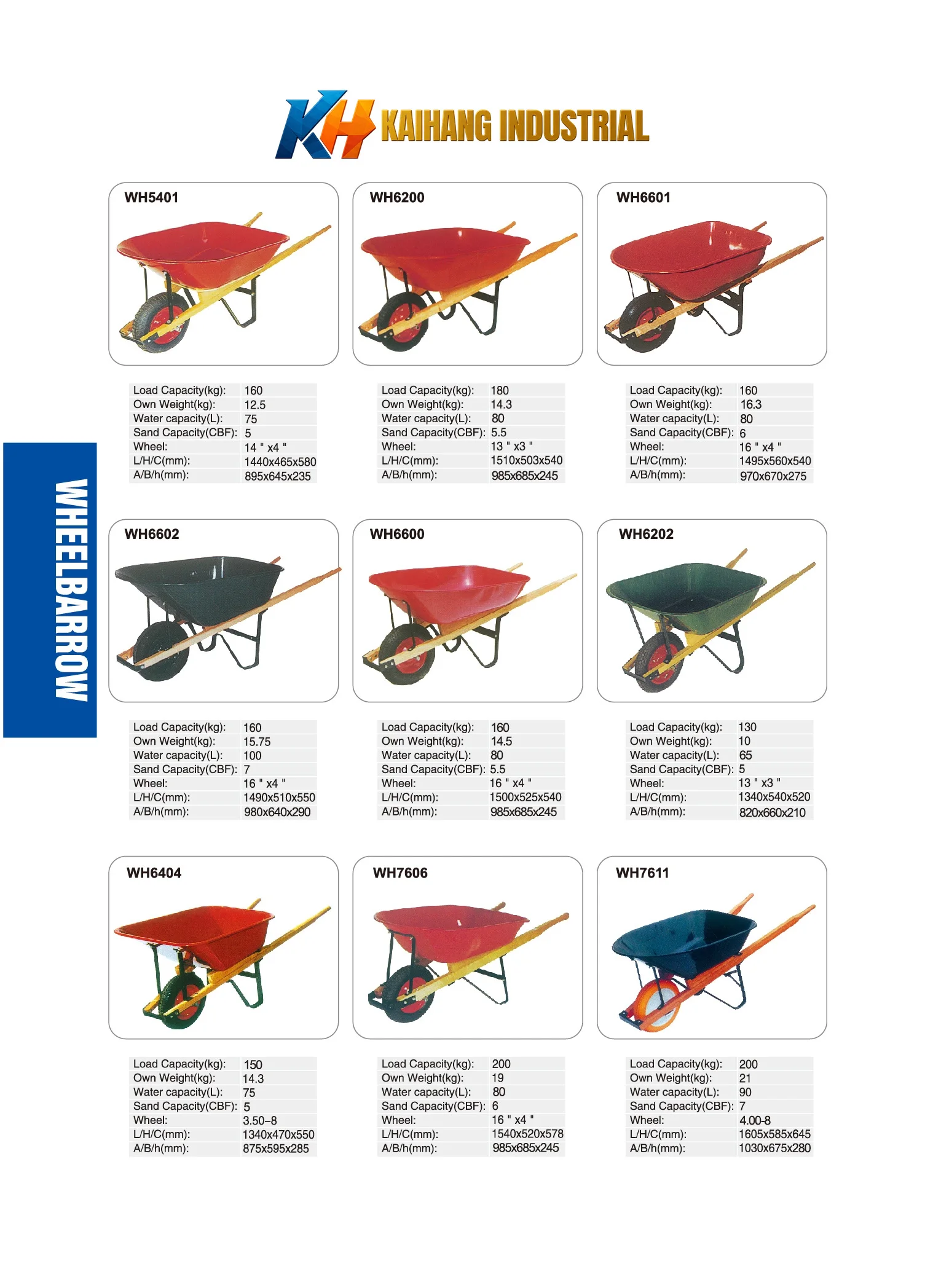 Wheelbarrow range manufactured by Qingdao Kaihang Tools